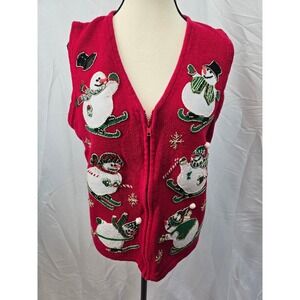 Heirloom Collectibles Womens Red Snowman Skiing Ugly Christmas Vest Sweater L